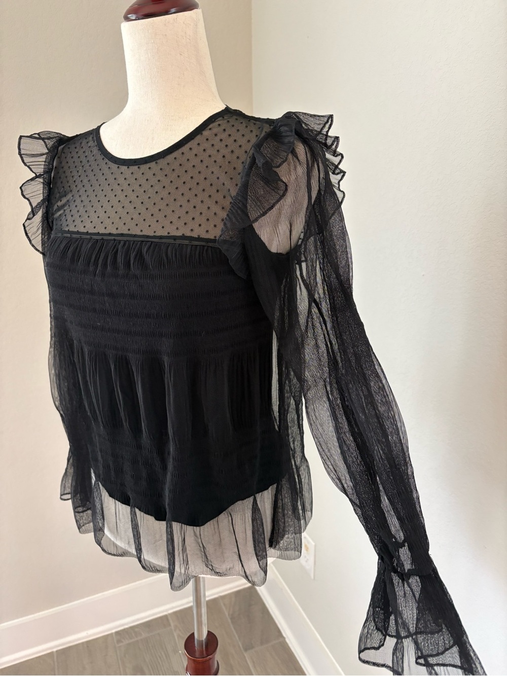 Maje Black Sheer Dot Long Sleeve Overlay Girls Date Night Top Ruffle Small - Picture 3 of 9